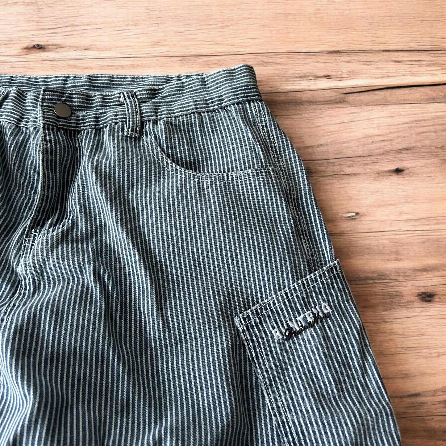 Incredible super baggy wide leg pinstripe cargo trousers in blue/white.