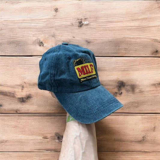 Vintage style Milf fishing cap hat in washed navy blue. One size fits all.