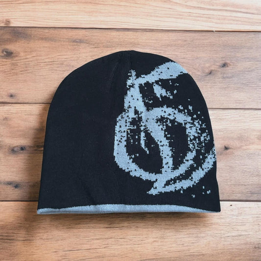 Cool Japanese vintage style beanie hat in black with graphic design. One size.