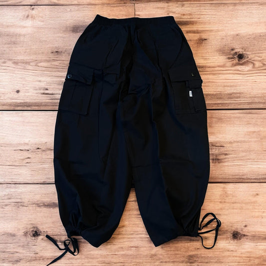 Insane super baggy wide leg Korean cargo parachute trousers in black.