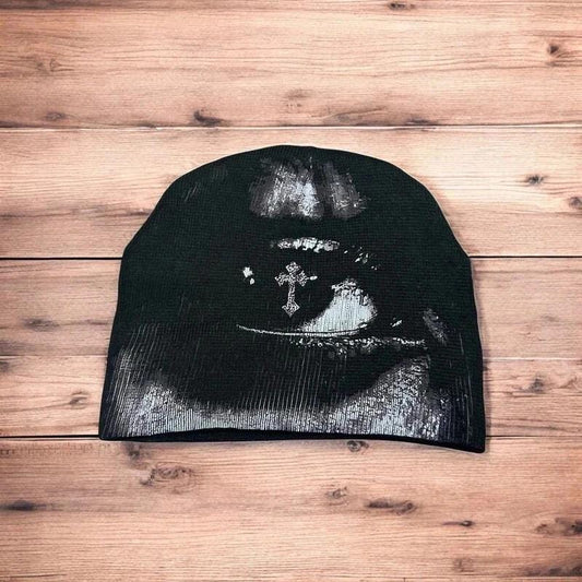 Cool Japanese vintage style beanie hat in black with graphic design. One size.