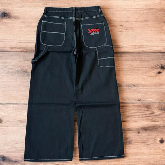 Insane baggy relaxed fit jeans washed black with red embroidery.