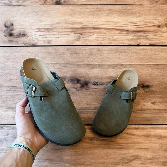 Lovely suede mules sandals in khaki green.
