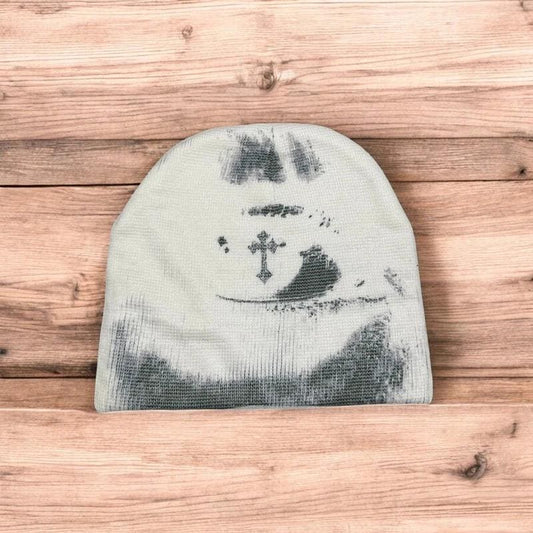 Cool Japanese vintage style beanie hat in white with graphic design. One size.