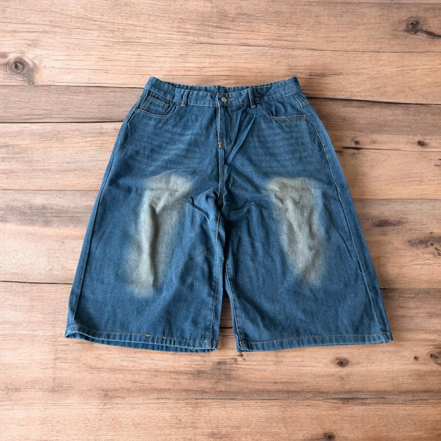 Incredible super baggy wide leg denim shorts jorts in dark blue wash.