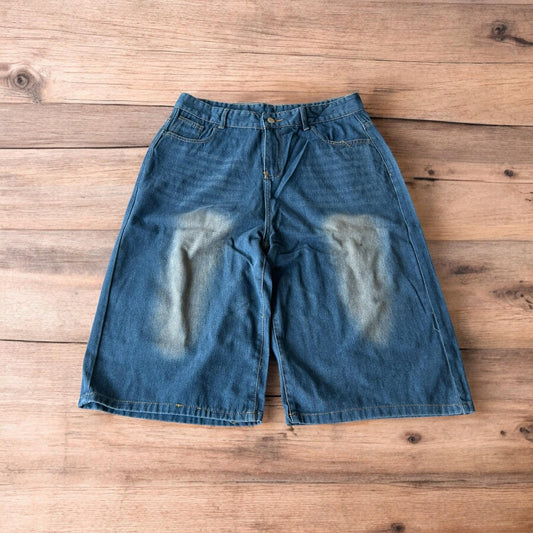 Incredible super baggy wide leg denim shorts jorts in dark blue wash.