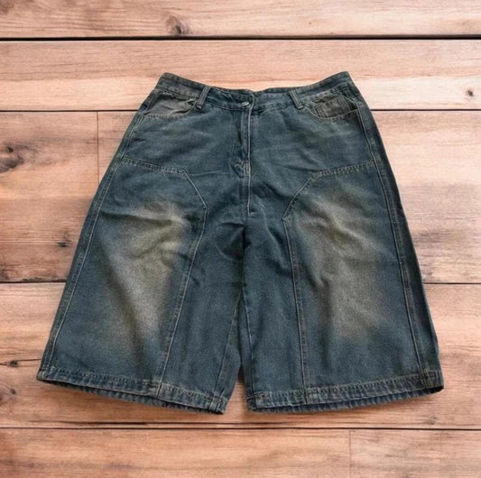 Incredible super baggy wide leg denim carpenter shorts jorts in dark blue wash.