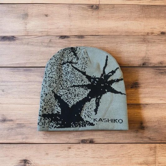 Cool Japanese vintage style beanie hat with graphic design in grey. One size.