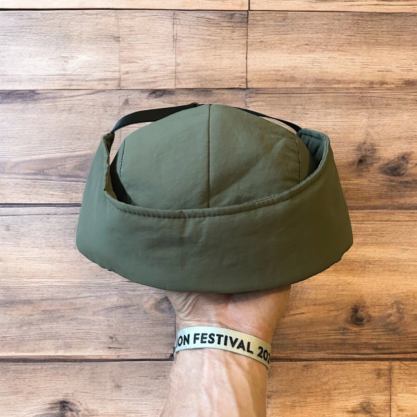 Insane Russian Trapper Korean padded hat cap in khaki green. One size.