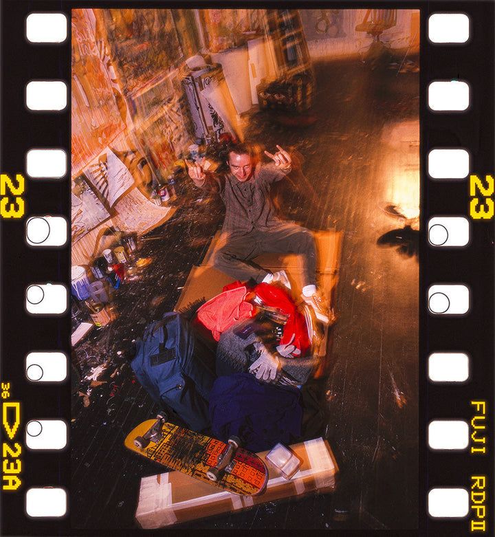 Featured image alt: Keith Hufnagel skateboarding in New York City at night in 1996, photographed on film by Benjamin Deberdt