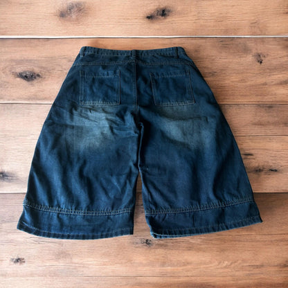 Incredible super baggy wide leg denim carpenter shorts jorts in dark blue wash.