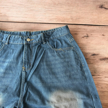 Incredible super baggy wide leg denim shorts jorts in dark blue wash.