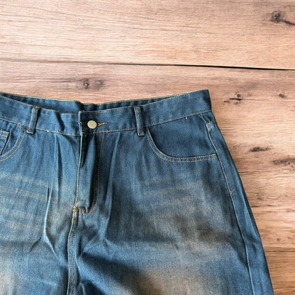 Incredible super baggy wide leg denim shorts jorts in dark blue wash.