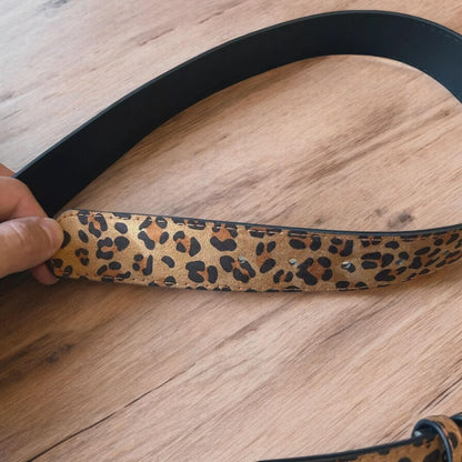 Vintage style faux leather western leopard cowboy belt with bronze trim. 105cm.