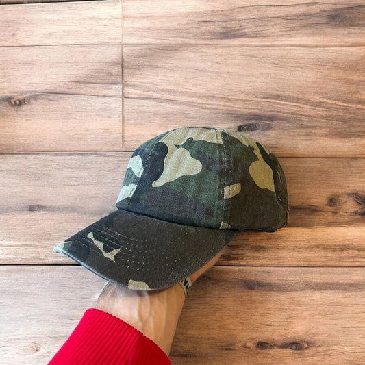 Vintage style Camo military cap hat in green khaki colourway. One size.