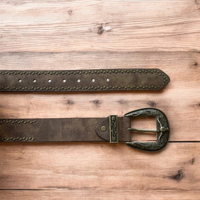 Vintage style faux leather western cowboy gothic belt in brown with brass trim.