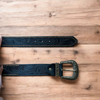 Vintage style faux leather western cowboy gothic belt in black with brass trim.