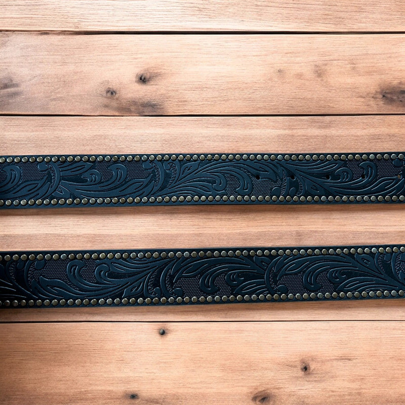 Vintage style faux leather western cowboy gothic belt in black with brass trim.