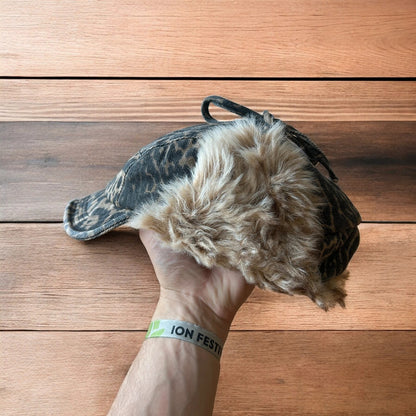 Vintage style trapper Russian ear flap hat cap in leopard & beige colour way. One size.