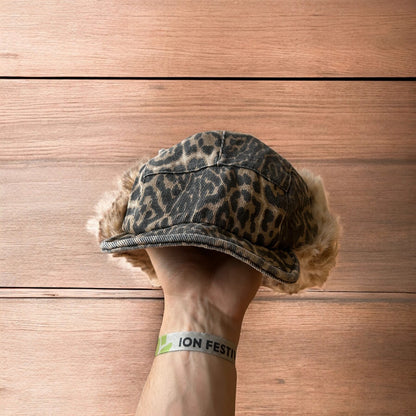 Vintage style trapper Russian ear flap hat cap in leopard & beige colour way. One size.