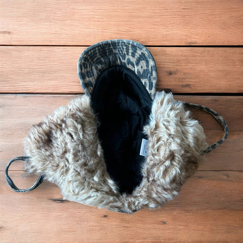 Vintage style trapper Russian ear flap hat cap in leopard & beige colour way. One size.