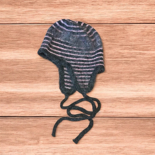 Lovely vintage style knitted ear flap hat bonnet in pink/grey stripes. One size.