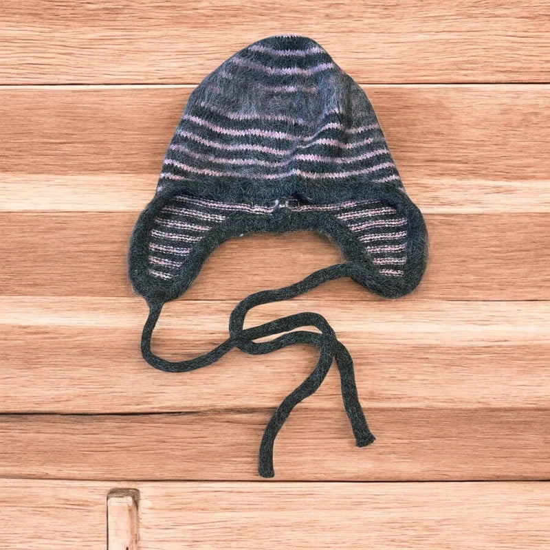 Lovely vintage style knitted ear flap hat bonnet in pink/grey stripes. One size.