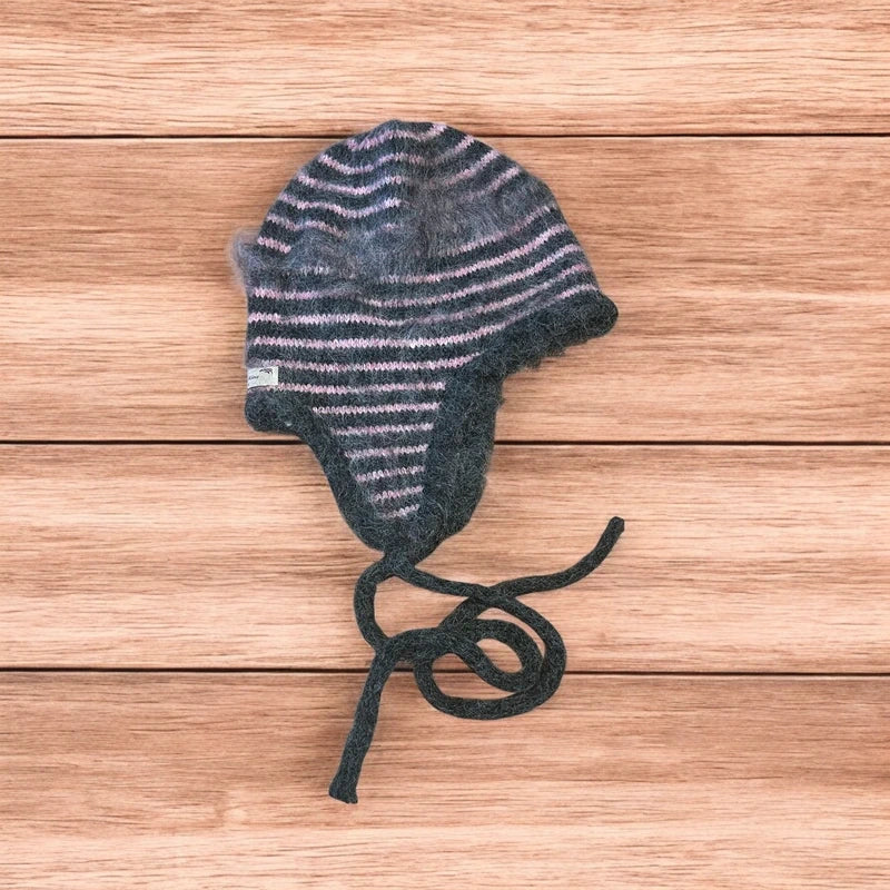 Lovely vintage style knitted ear flap hat bonnet in pink/grey stripes. One size.