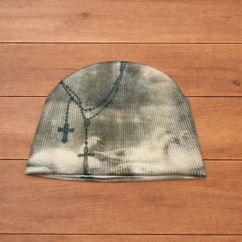 Cool Japanese vintage style beanie hat in cream/beige with graphic design.