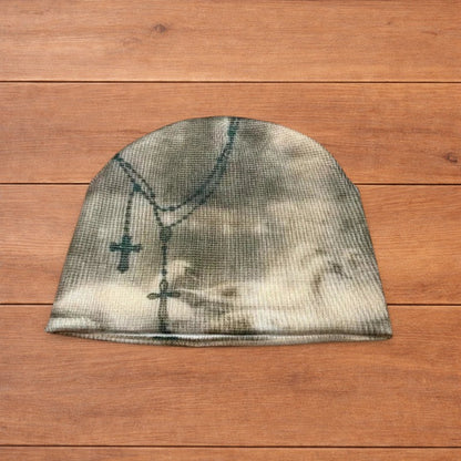 Cool Japanese vintage style beanie hat in cream/beige with graphic design.