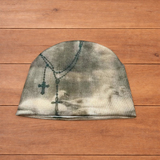 Cool Japanese vintage style beanie hat in cream/beige with graphic design.
