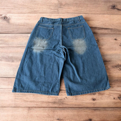 Incredible super baggy wide leg denim shorts jorts in dark blue wash.
