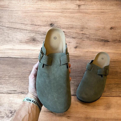 Lovely suede mules sandals in khaki green.