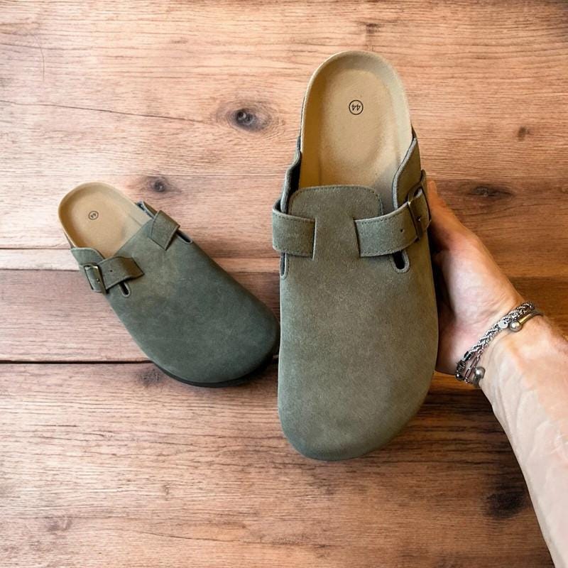 Lovely suede mules sandals in khaki green.