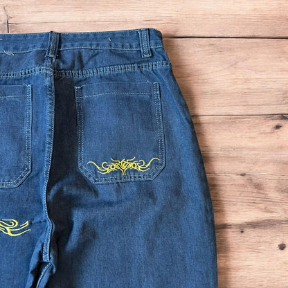 Insane baggy relaxed fit jeans in washed dark blue with embroidery.
