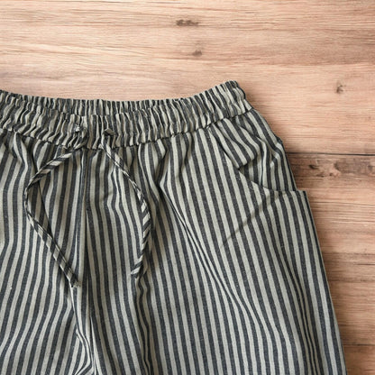 Vintage style baggy wide leg striped linen style trousers in beige/black.