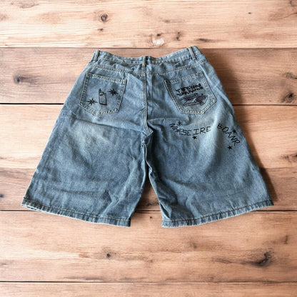 Incredible baggy wide leg denim shorts jorts with graffiti/graphic in light blue.