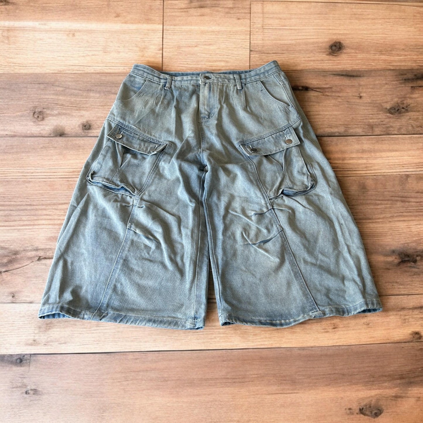 Incredible super baggy wide leg denim cargo shorts jorts in light blue wash.