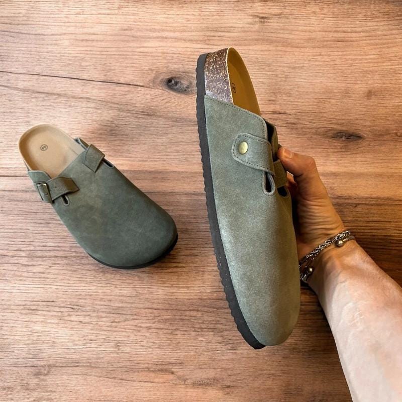 Lovely suede mules sandals in khaki green.