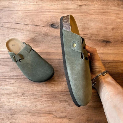 Lovely suede mules sandals in khaki green.