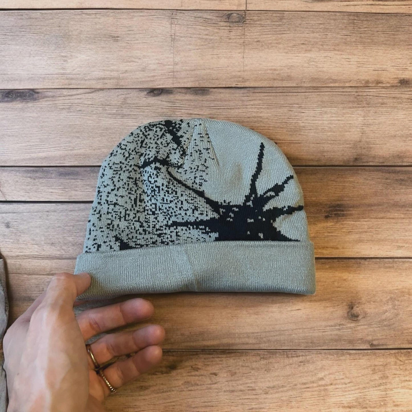 Cool Japanese vintage style beanie hat with graphic design in grey. One size.