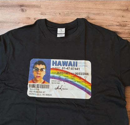 Novelty Superbad Mclovin I.D. T-shirt with front graphic print in black.
