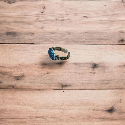 Vintage style stainless steel Bonne Chance ring in silver/ blue. One size.