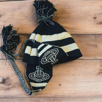 Lovely vintage style Dappy ear flap bobble hat in black/beige stripes. One size.