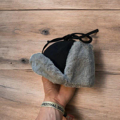 Russian ushanka trapper ear flap winter hat in black/grey colour way. 55-59cm