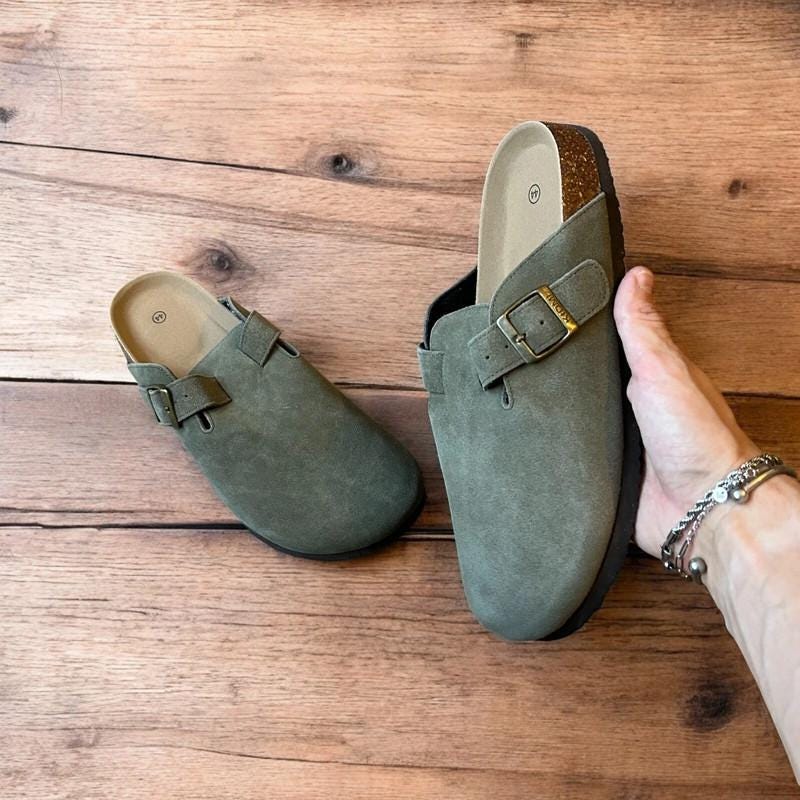 Lovely suede mules sandals in khaki green.