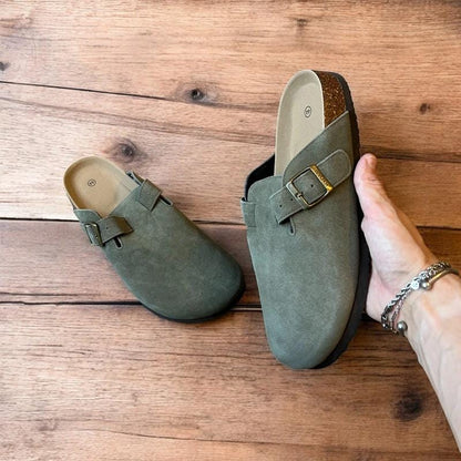 Lovely suede mules sandals in khaki green.