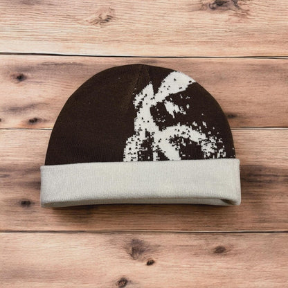 Cool Japanese vintage style beanie hat in brown with graphic design. One size.