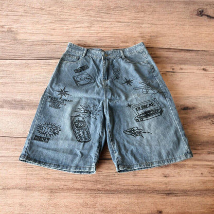 Incredible baggy wide leg denim shorts jorts with graffiti/graphic in light blue.