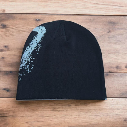 Cool Japanese vintage style beanie hat in black with graphic design. One size.